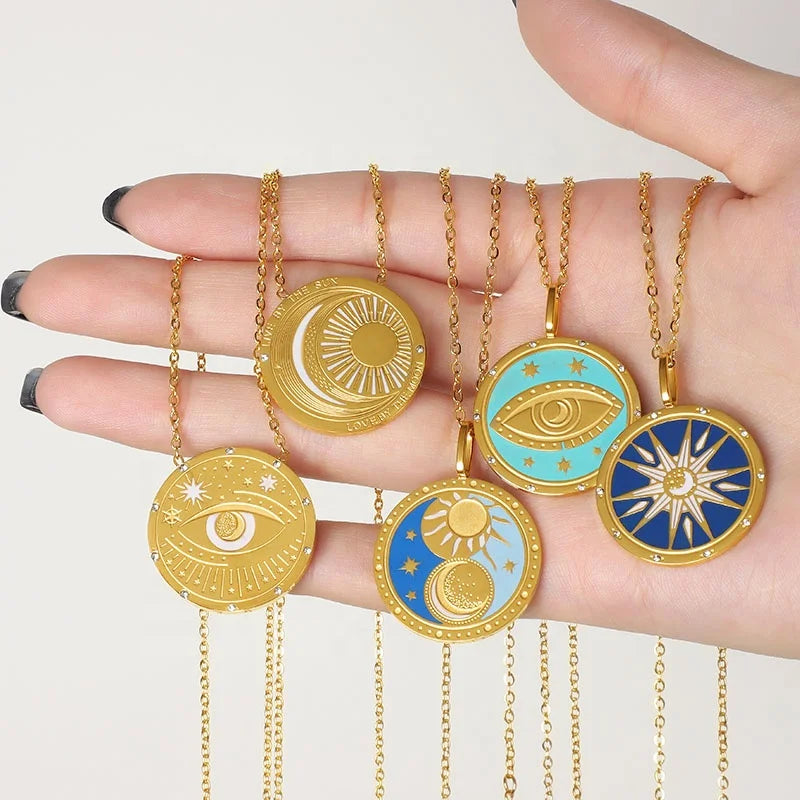 18K Gold Stainless Steel Waterproof Tarnish Free Jewelry Blue Enamel Star Moon Sun Pendant Turkish Devil Necklace