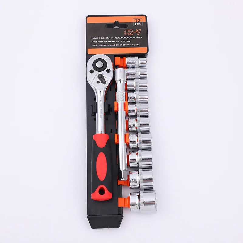 12Pcs 3/8 Automotive Bicycle Motorcycle Hand Tool Box Set Complete Ratchet Socket Driver Tool Set Cycling Rering Kit