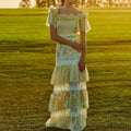 2023 Summer New Small Fresh Printed One-shoulder Floor-Length Natural Woven Female Sweet Floral Mosaic Lace Cake Dress