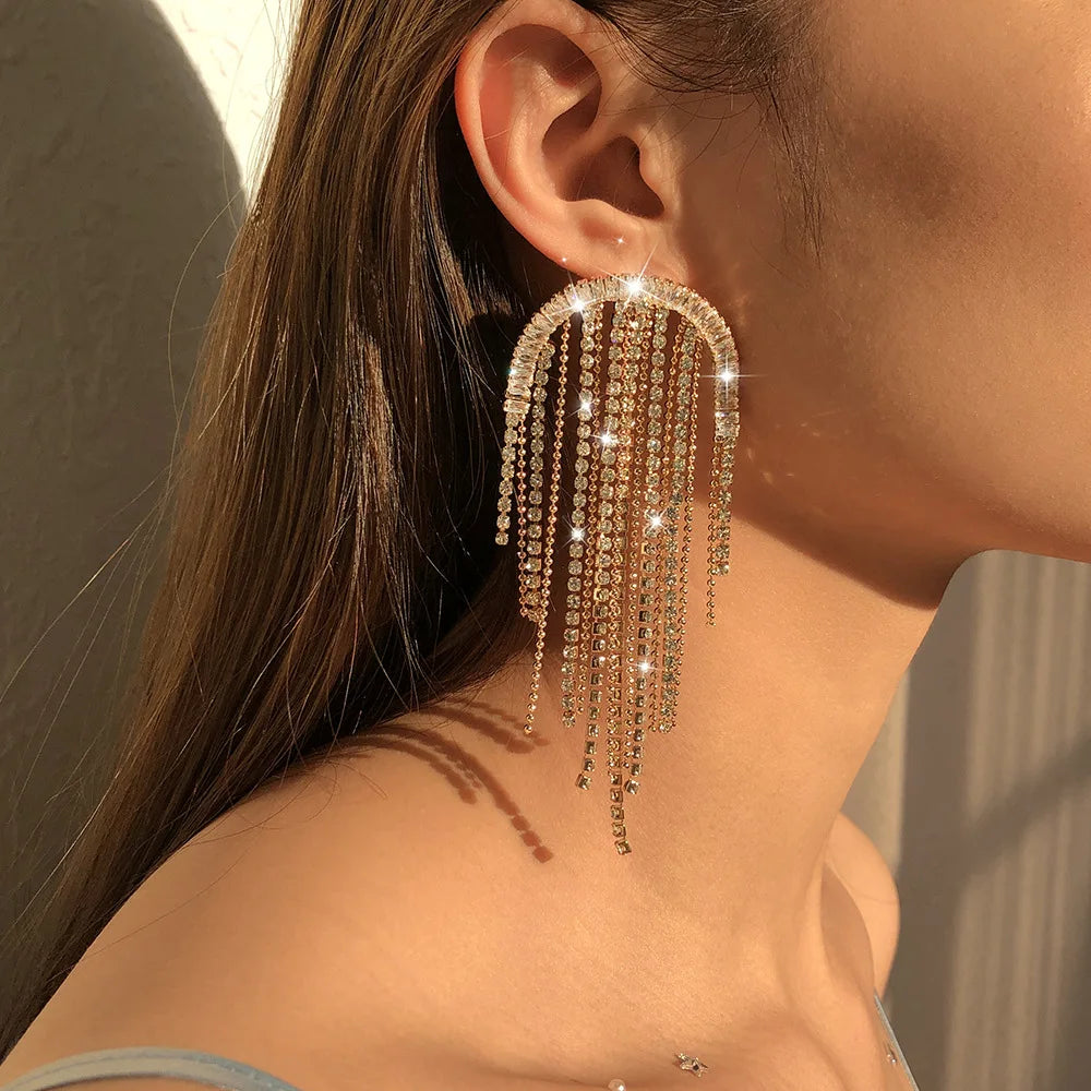 Personality Full Rhinestone Long Tassel Earrings Exaggerated Shiny Women Dangle Earrings Jewelry Accessories Gift