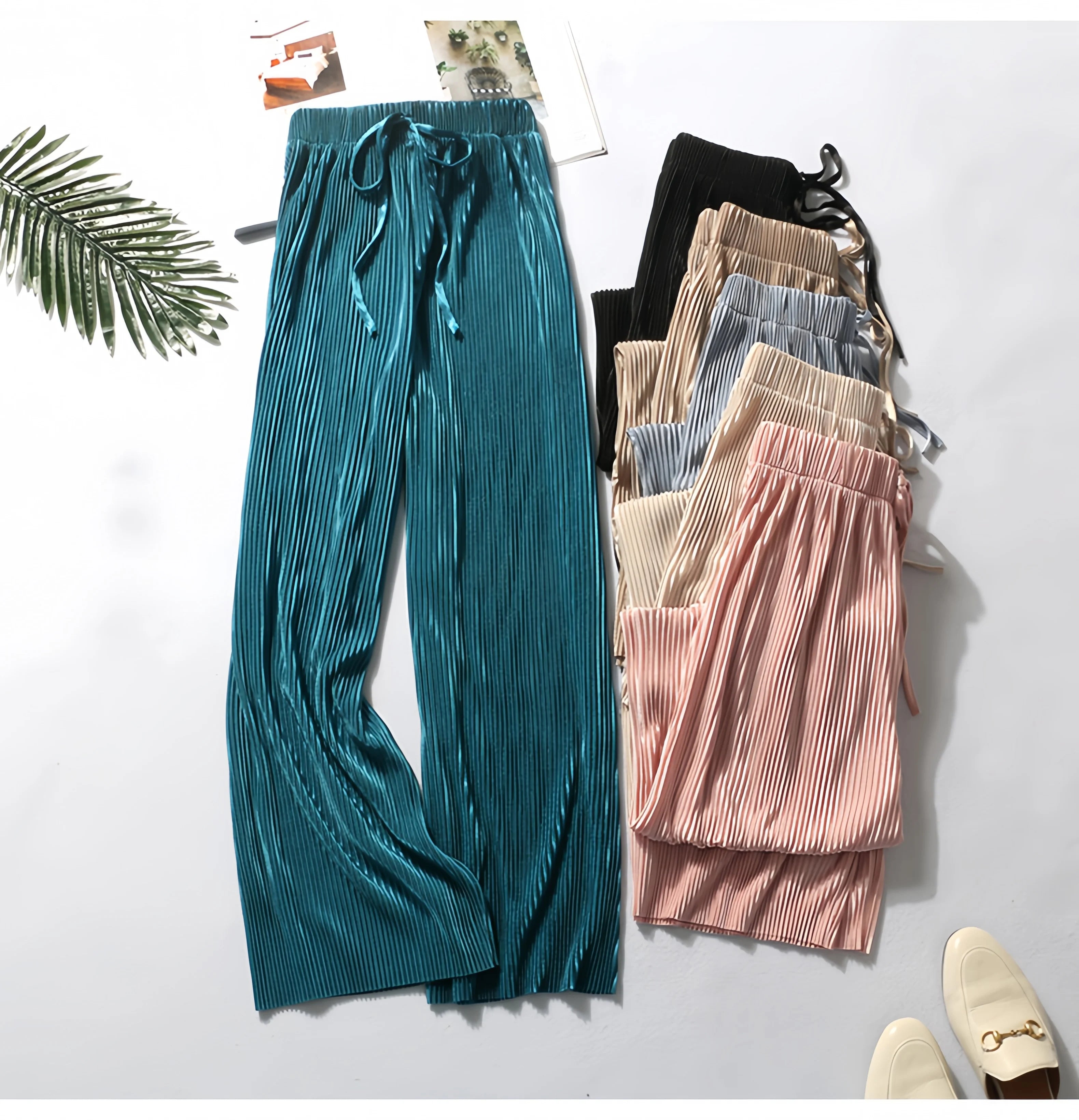Lady Thin Casual Chiffon Pants Summer Spring Ice Silk Loose Pleated Trousers New Women Elegant Wide Leg Pants