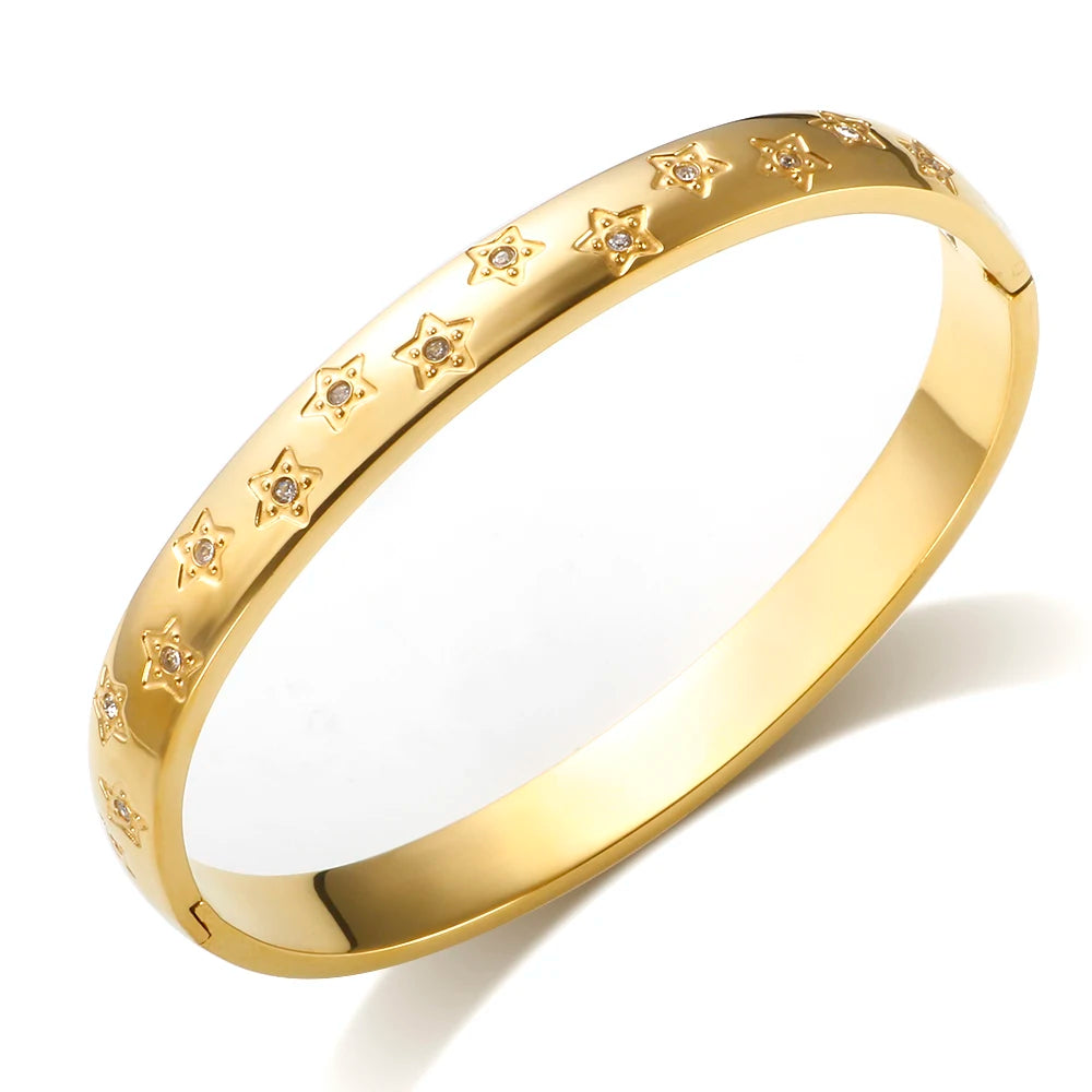 Stainless Steel Waterproof Jewelry Wholesale Supplier 18K PVD Gold Plated Minimalist Colorful Cubic Zircon Star Bracelet Bangle