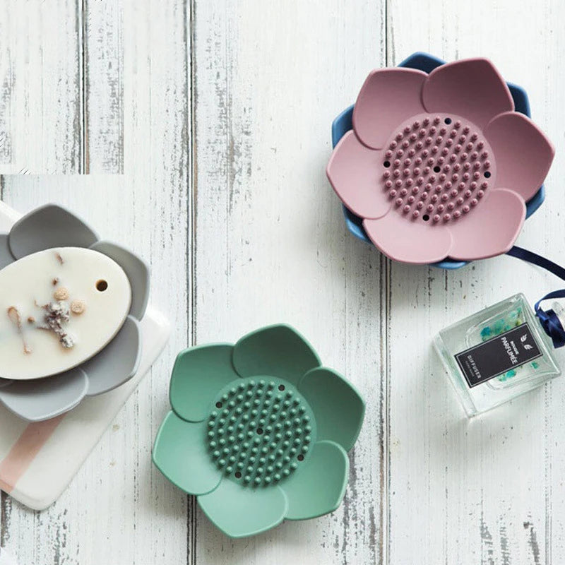 2022 New Design Lotus Shape Drained Soap Tray Colorful Rack Washable Silicone Soap Dish
