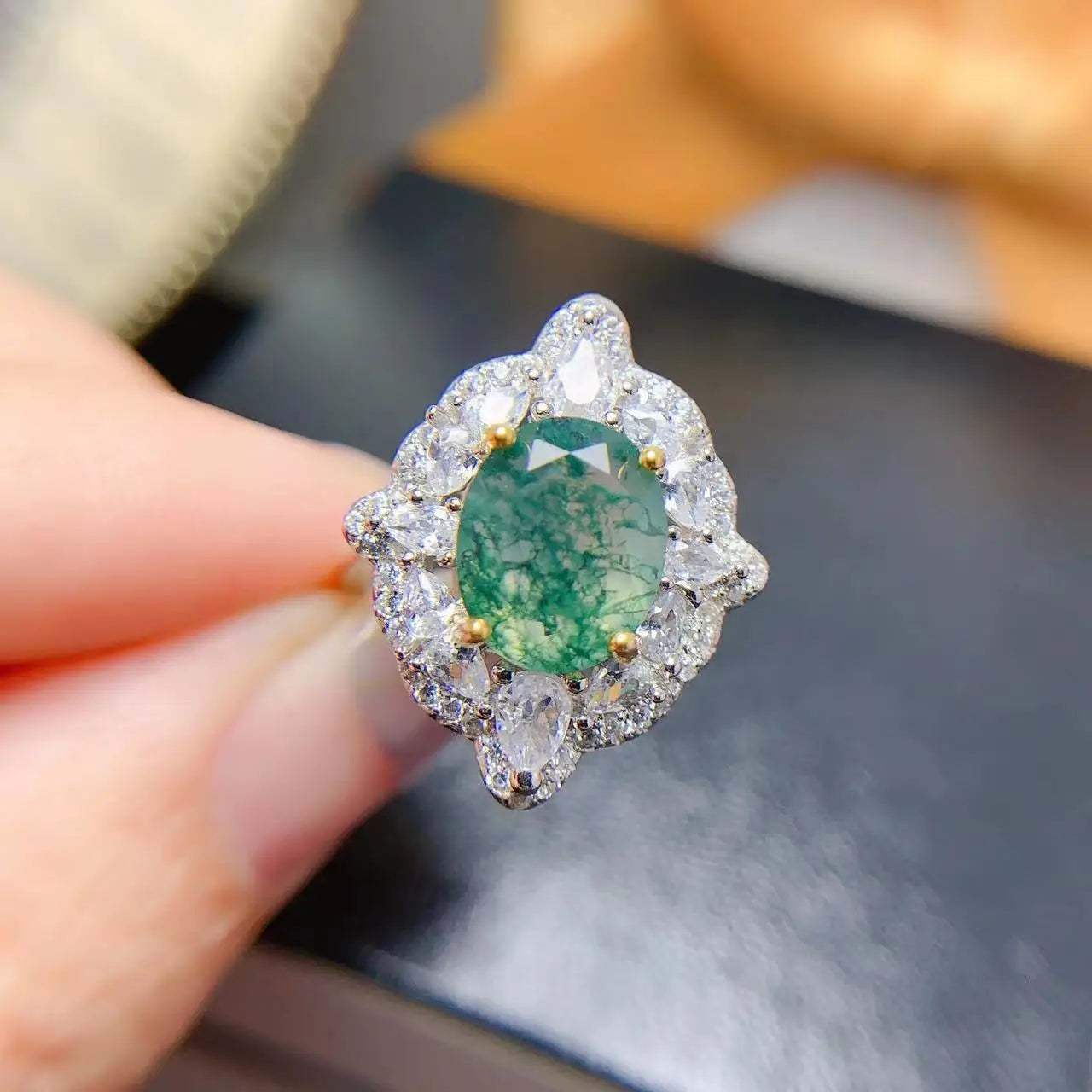 New Design Fine Engagement Wedding Cubic Zirconia 925 Silver Natural Moss Agate Stone Rings for Women