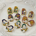 Retro Earrings Oil Painting square Tulip Flower Real Pearl Earrings Wholesale Gold Stud Earrings Luxury High-end Gift for Women