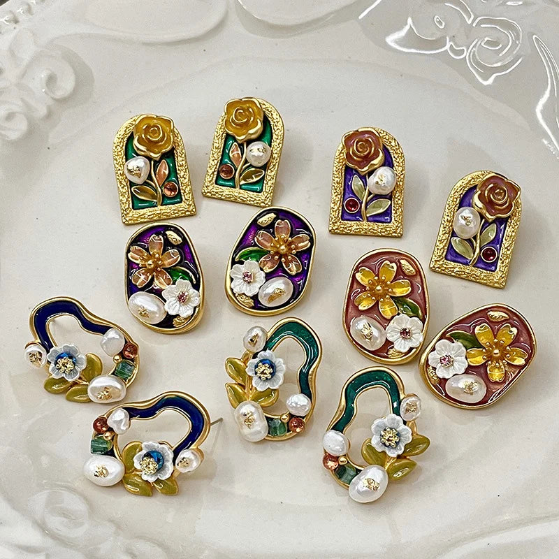 Retro Earrings Oil Painting square Tulip Flower Real Pearl Earrings Wholesale Gold Stud Earrings Luxury High-end Gift for Women