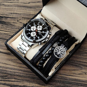 Fashion Waterproof Men's Stainless Steel Watch Bracelet Set with Calendar Quartz Movement Wedding & Party Gift Box