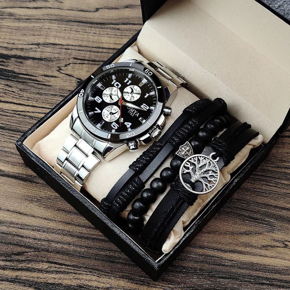 Fashion Waterproof Men's Stainless Steel Watch Bracelet Set with Calendar Quartz Movement Wedding & Party Gift Box