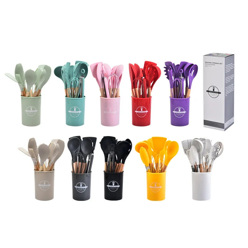 Low Price Non-stick Kitchen Utensils 12pcs Silicone Spoon Set Wooden Handle Kitchen Accessories Cooking Tools Multi Color