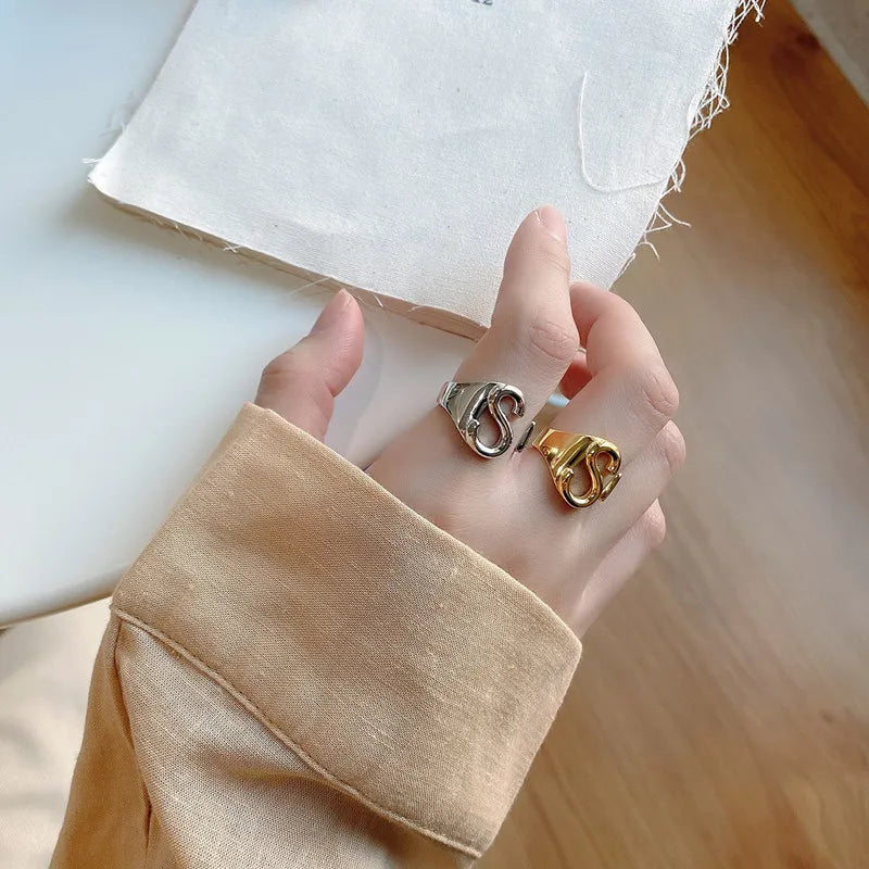 18K Gold Plated Alphabet Letter Adjustable Ring 925 Sterling Silver S Initial Ring for Women