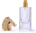 OEM 50ml Unique Golden Metal Horse Head Bottle Cap Refillable Clear Glass Spray Empty Perfume Atomizer Bottles