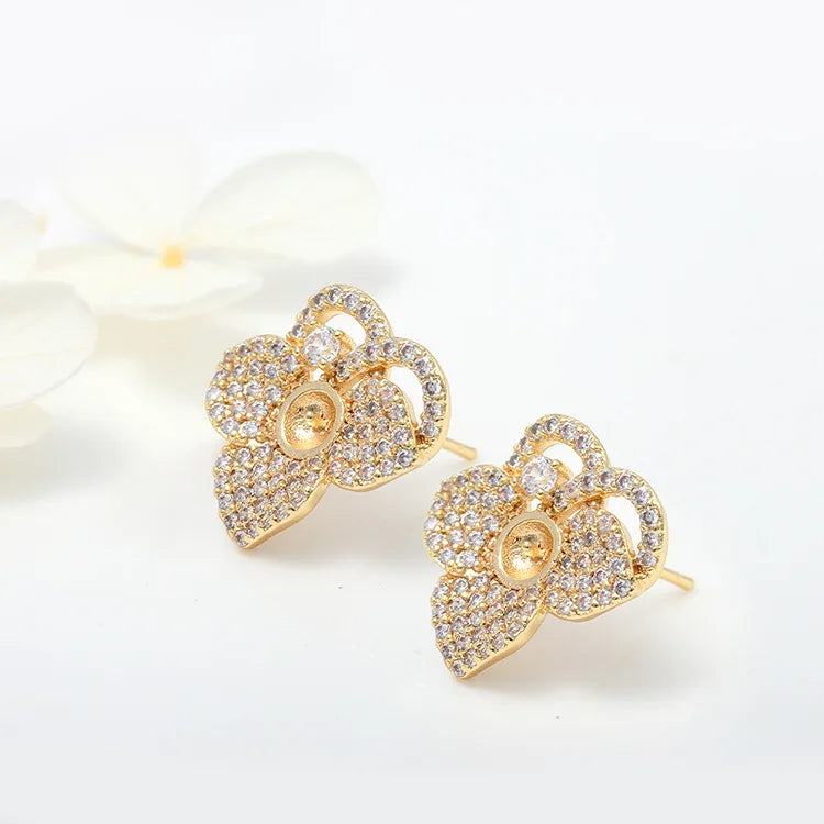 Unique Design 14K Gold Plated Can Set Pearls Bow-Knot Sunflower Clover Shape Stud Earrings