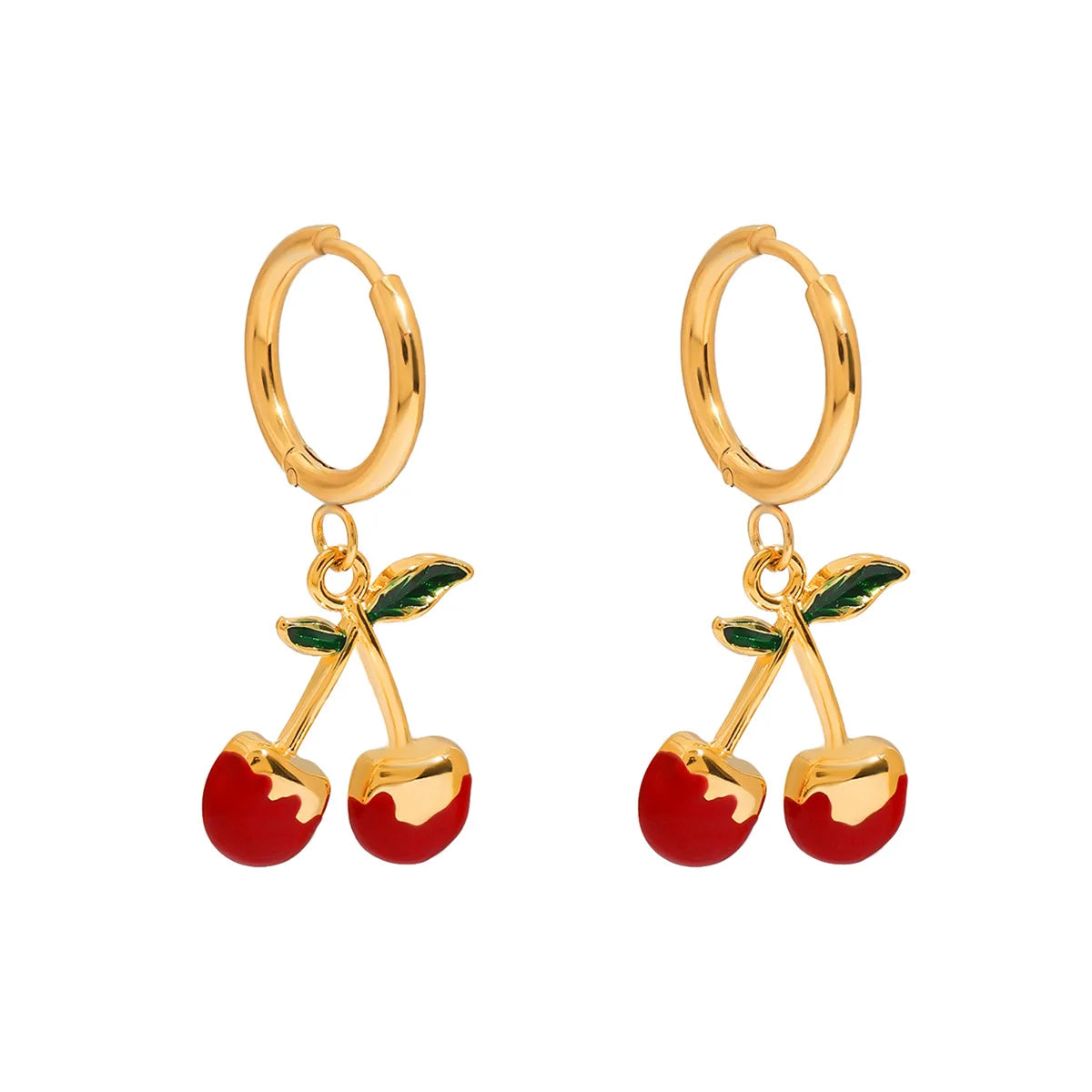 N&S 18K Gold Stainless Steel Cherry Dangle Earrings for Women Sweet Romantic Alloy Enamel Drop Style