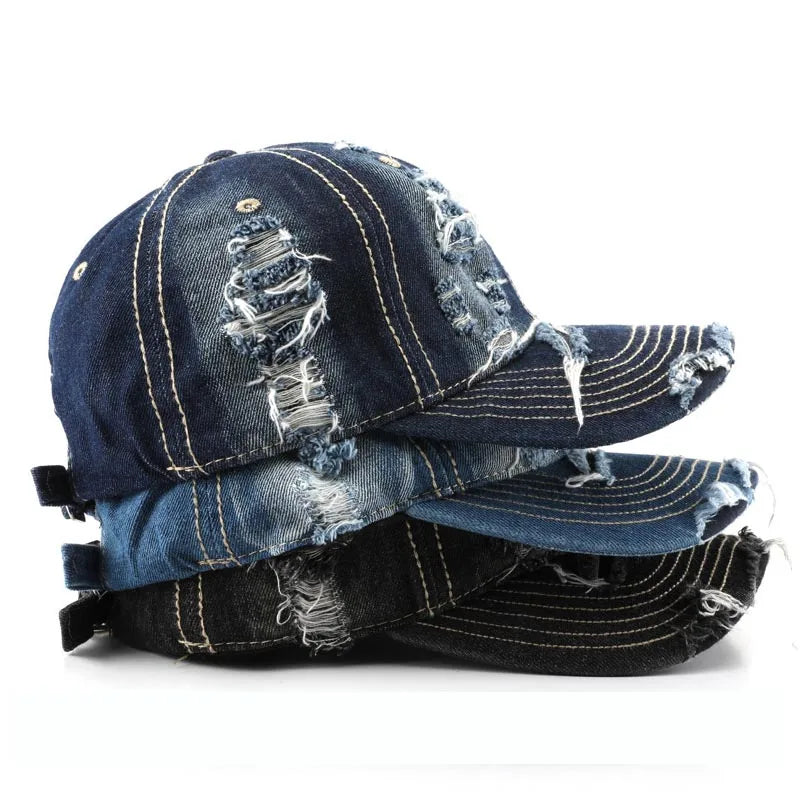 Retro Distressed Denim Baseball Cap Cotton Sporty Street Style Hat with Personality Ripped Washed Jean for Business and Outdoor