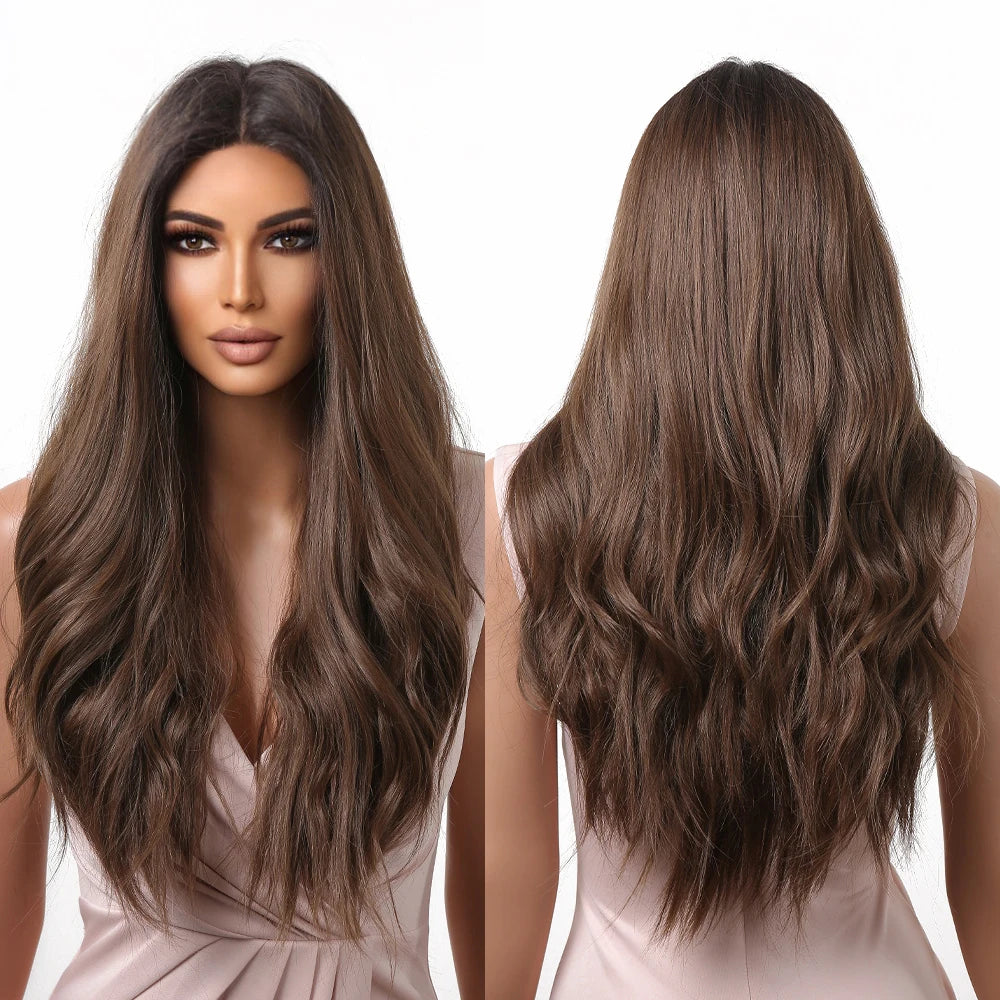 Factory Price Direct Sales Lace Front Long Brown Synthetic Wigs Fluffy Wave Middle Part Wigs for Black Women Daily