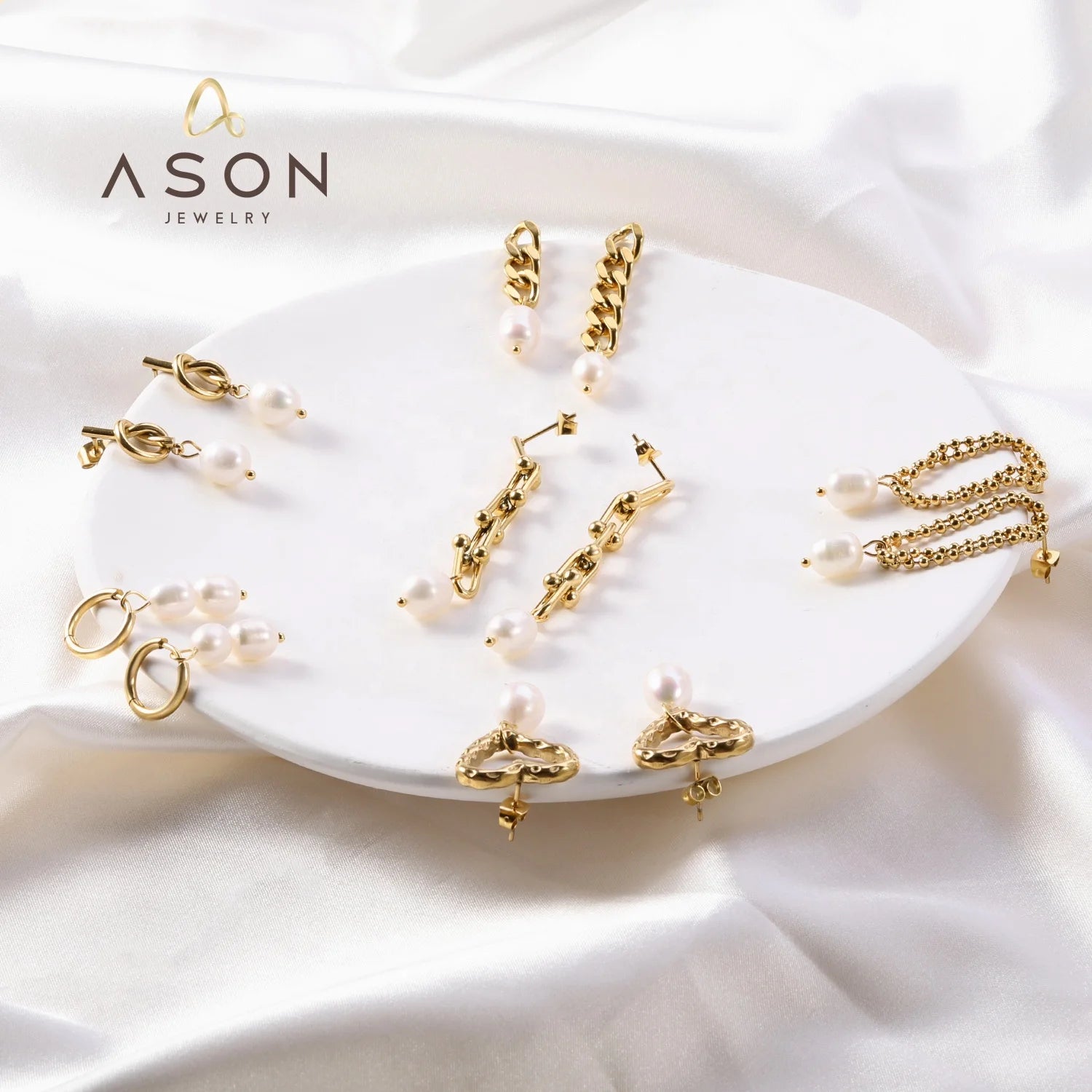 Ason Stainless Steel 18k Gold Plated Fashion Jewelry Women Hoop Earrings Mix Jewelry Bulk Bead Heart Pearl Long Drop Earrings