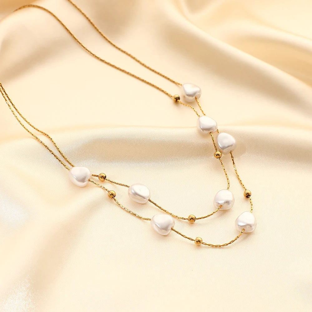 Minimalist Elegant Double Layers Pearl Pendant Necklace Stainless Steel Beads Clavicle Necklace