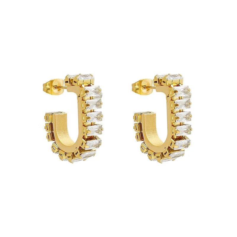 Fashion Gold Plated Stainless Steel Iced Out Baguette Tennis CZ Crystal Stone Hoop Earrings Women