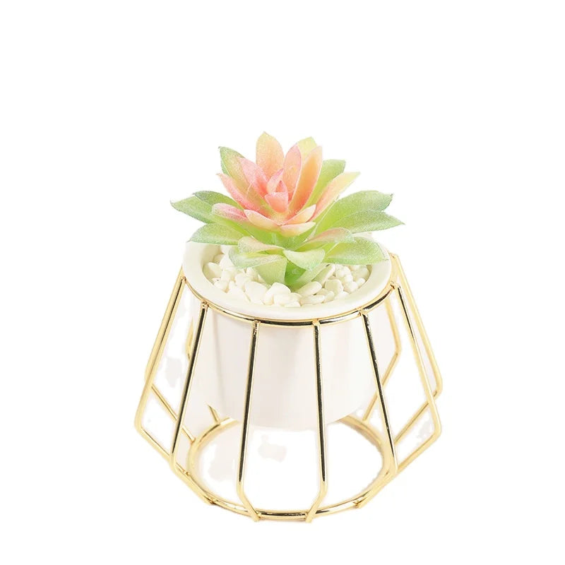 Simple Wrought Iron Frame with Gold-Plated Ceramic Vase and Flowerpot for Home and Garden
