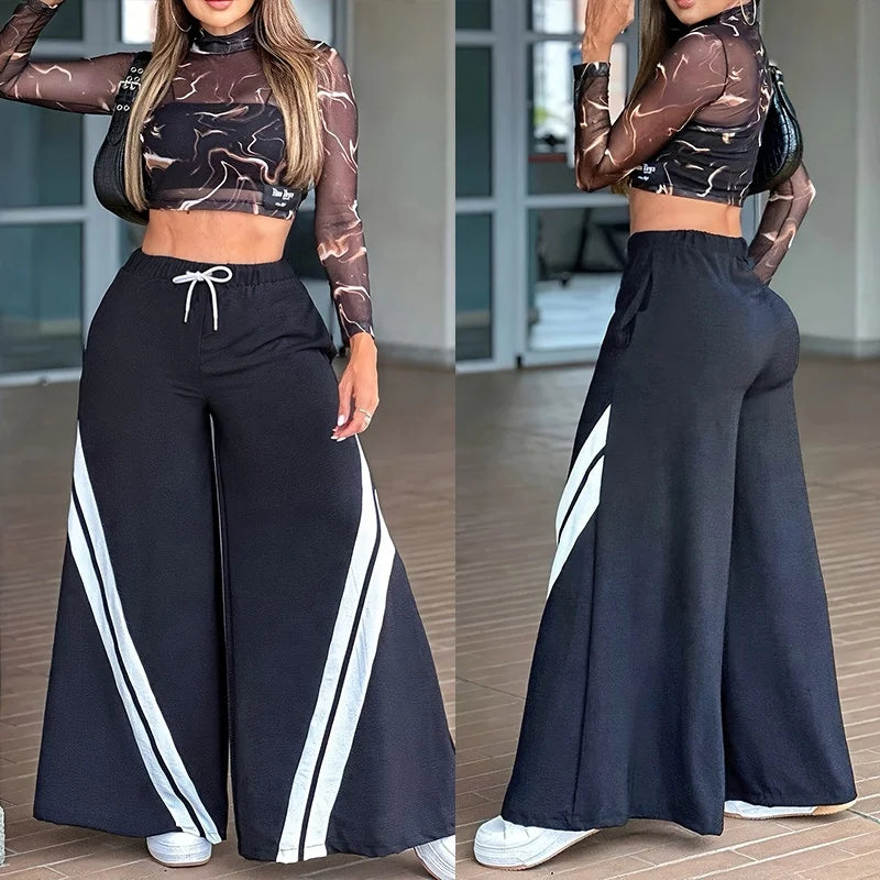 Summer Ladies Casual Sweatpants Women Splicing Loose Straight Wide Leg Pants High Waisted
