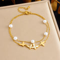 Summer Stainless Steel Waterproof Hypoallergenic Double Layer Anklet 18k Pvd Gold Plated Butterfly Pearl Anklet for Women