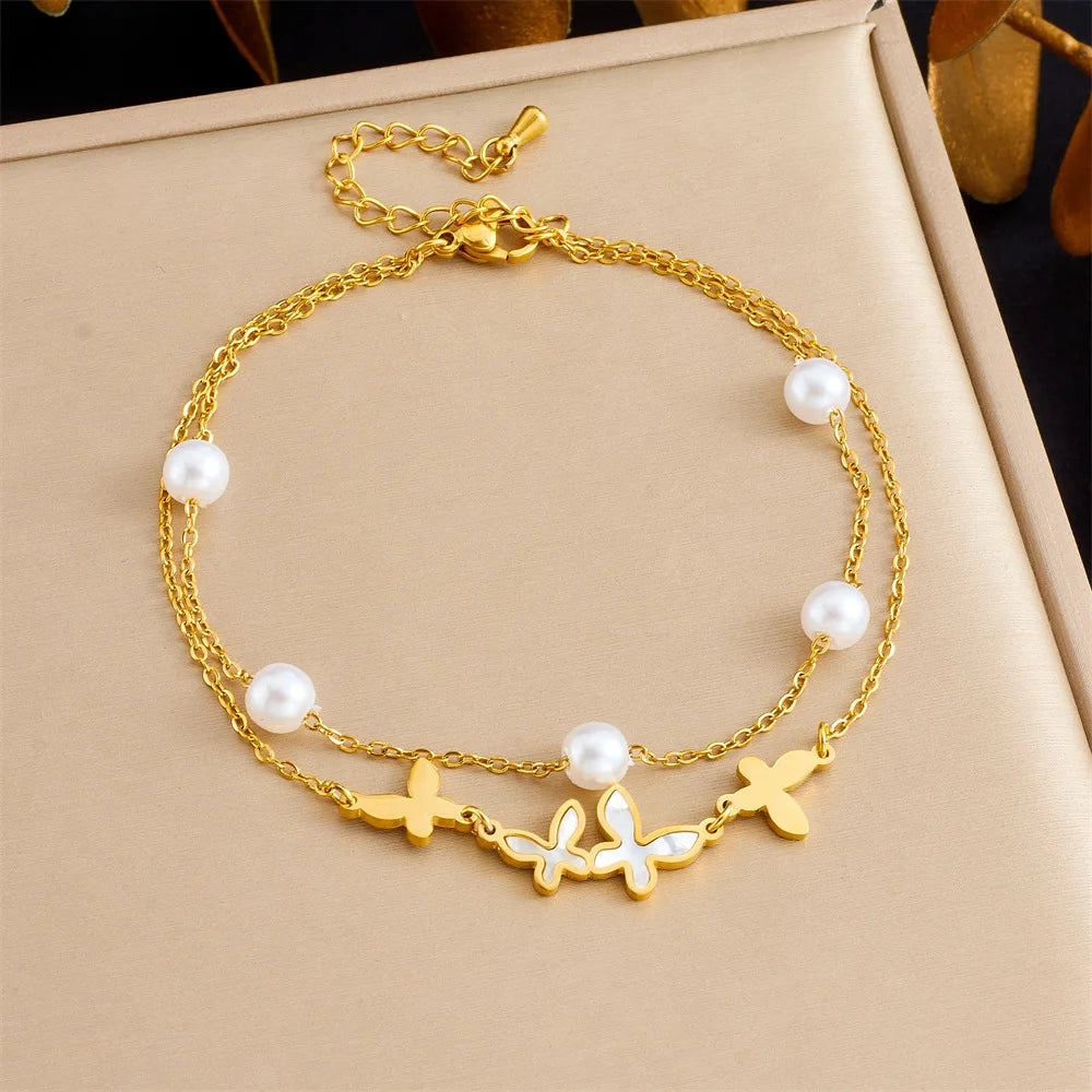 Summer Stainless Steel Waterproof Hypoallergenic Double Layer Anklet 18k Pvd Gold Plated Butterfly Pearl Anklet for Women