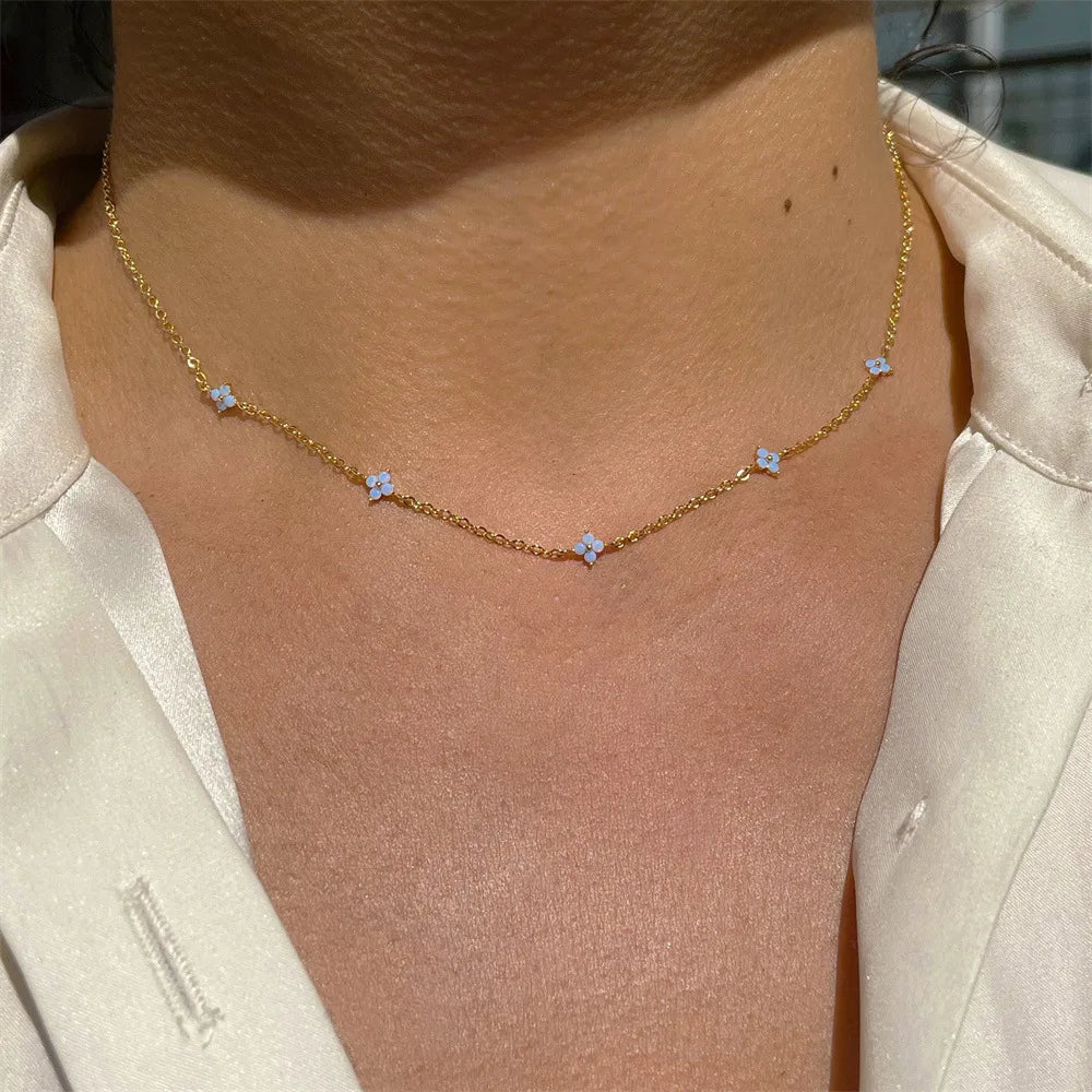 Trendy Blue Flower 18k Gold Plated Clavicle O Shaped Chain Link Necklace for Women