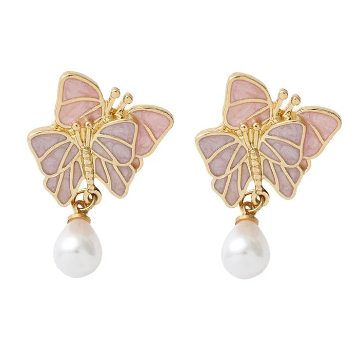 2024 Enamelled Alloy Butterfly Pearlescent Eco-Friendly Brooch Badge Pin Pearl Earrings Jewelry