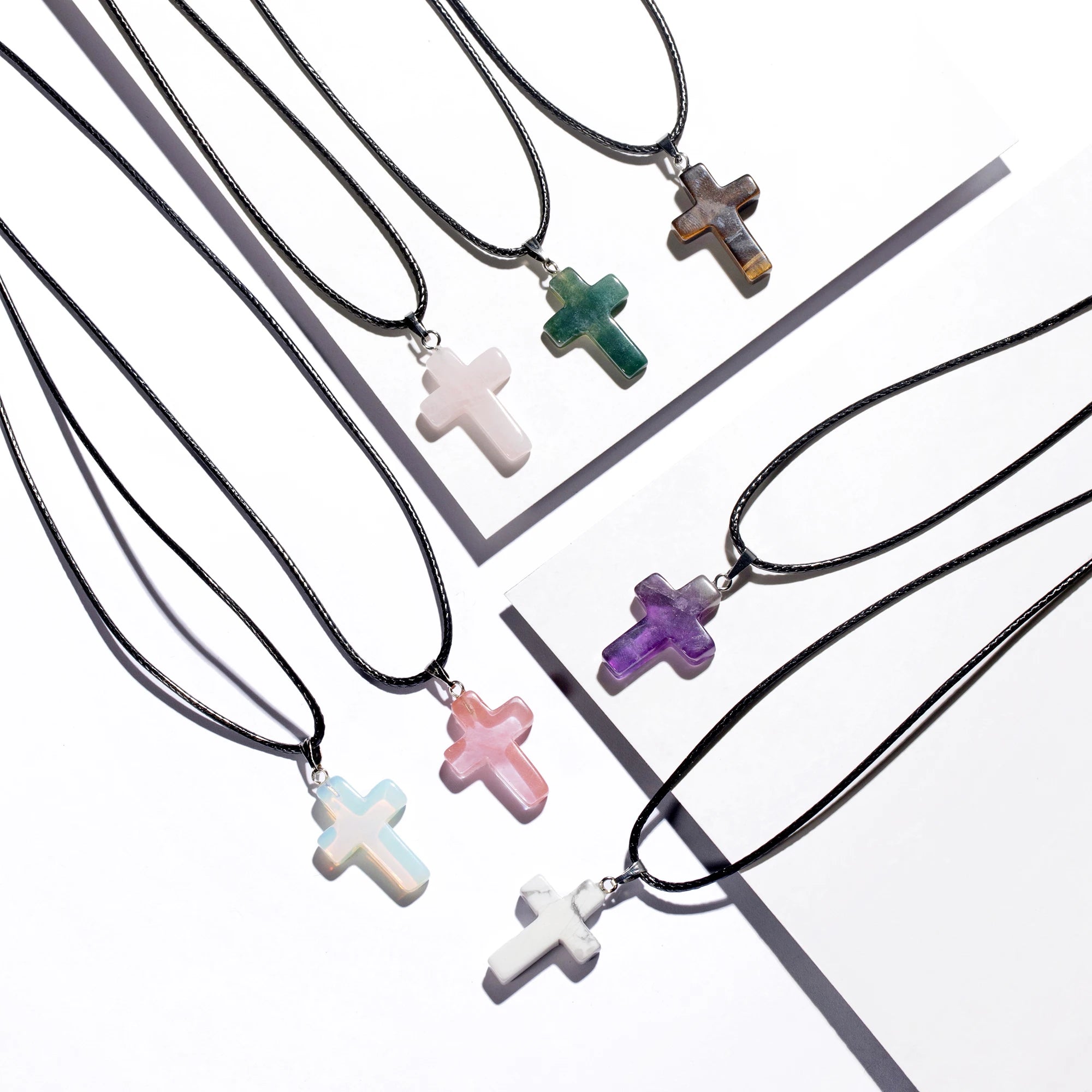 Natural Gemstone Cross Pendant Necklace Healing Crystal Quartz Chakra Gemstone Cross Shape Charms Pendant for DIY Jewelry Making