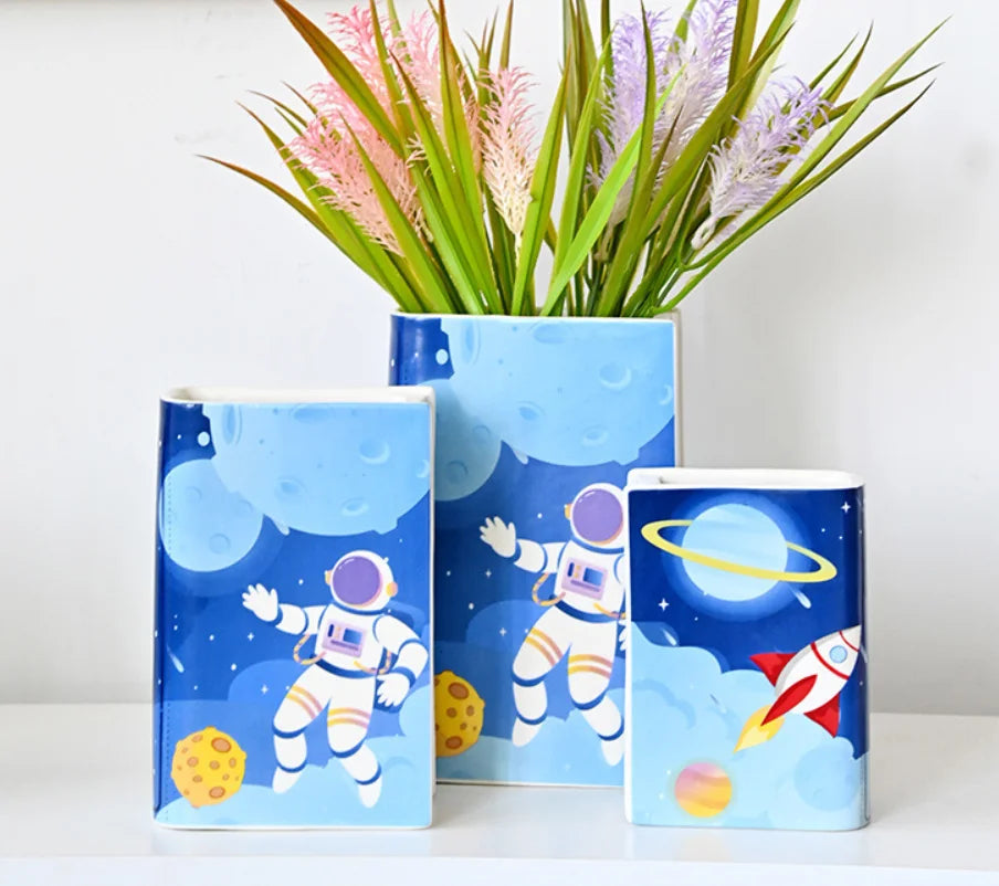 High-End Creative Starry Sky Astronaut Ceramic Book Vases Cross-Border Mat Porcelain Home Decor Living Wedding Ins Style