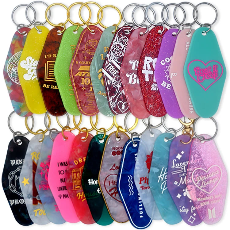 Custom Design Acrylic Glitter Motel Keychain Creative Logo Engraving Hotel Keytag