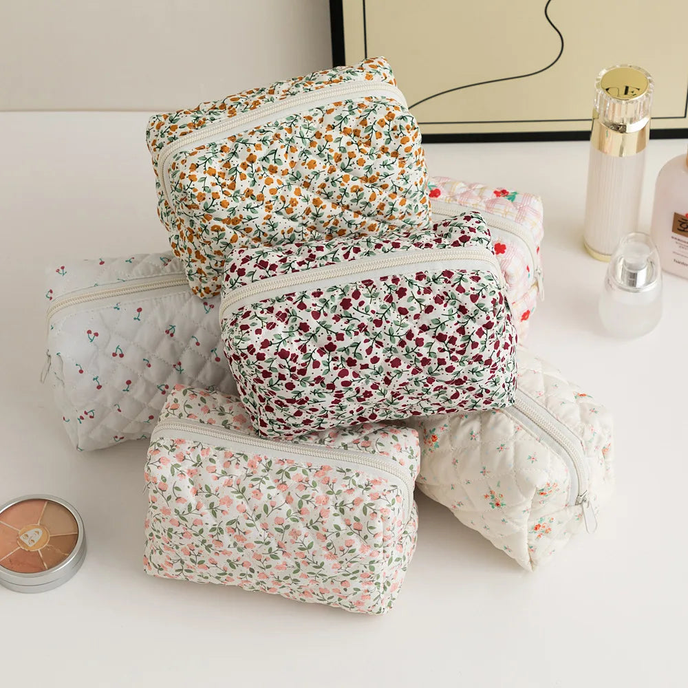 Cotton Quilted Makeup Bag for Women Girls Large Small Travel Floral Cosmetic Bags Set Cute Coquette Zipper Makeup Pouch