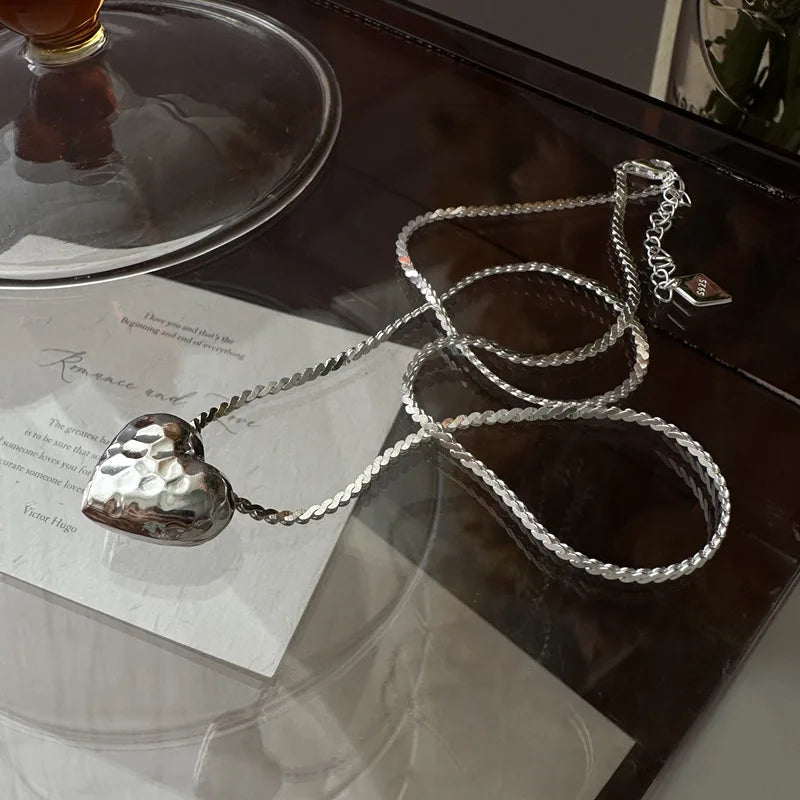 Vintage Hammered Big Heart Pendant Necklaces Women Fine 925 Sterling Silver Jewelry
