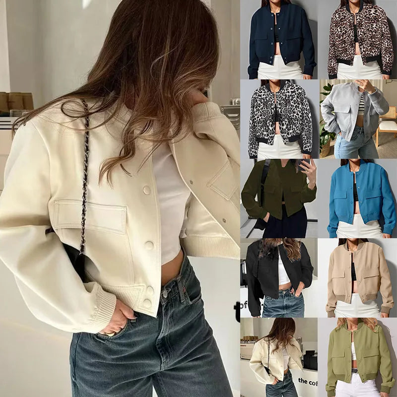 European American Women's Autumn Winter Streetwear Coat New Style Long Sleeve Multi-Color Baseball Jacket Large Pocket Casual