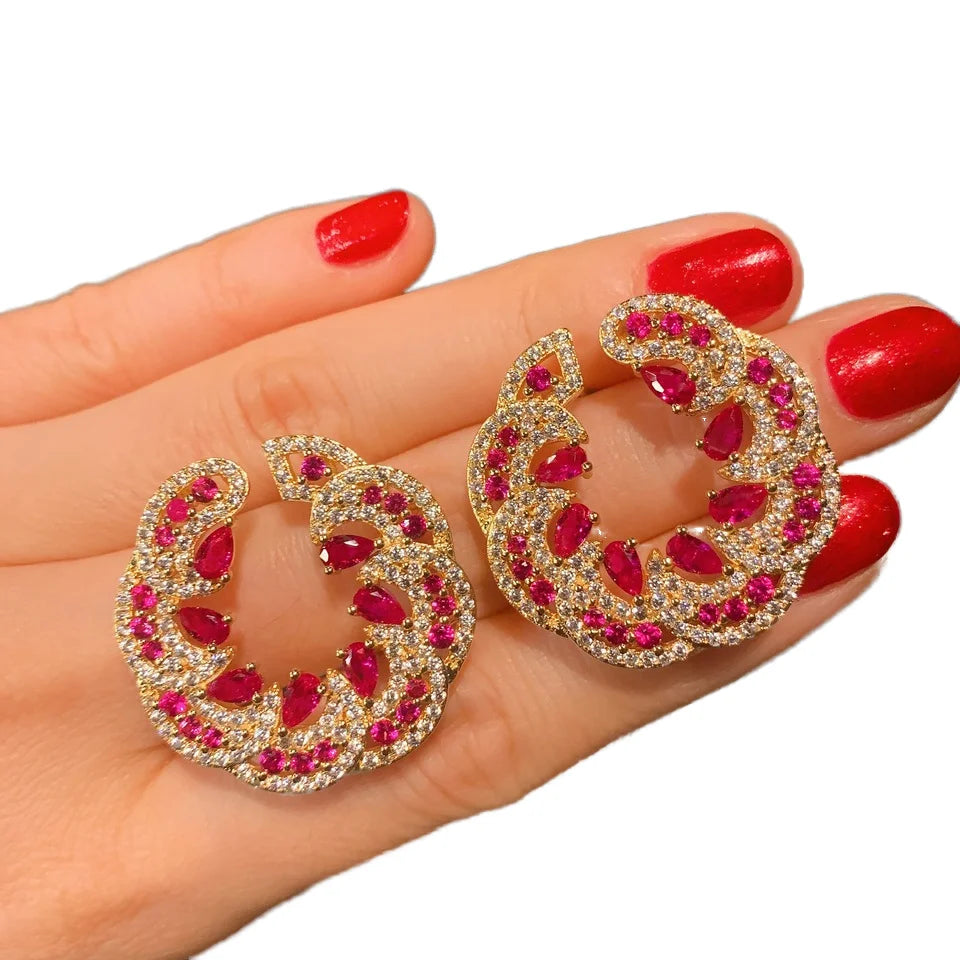 Unique Colorful Zircon Round Flower Stud Earrings Gold Plated Crystal Earrings Tarnish Free Jewelry