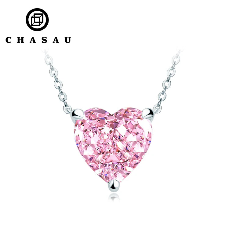 New Designed 925 Sterling Silver 12mm 6 Carat Pink Heart Necklace CZ Cubic Zirconia Latest for Women's Engagement Wedding Party