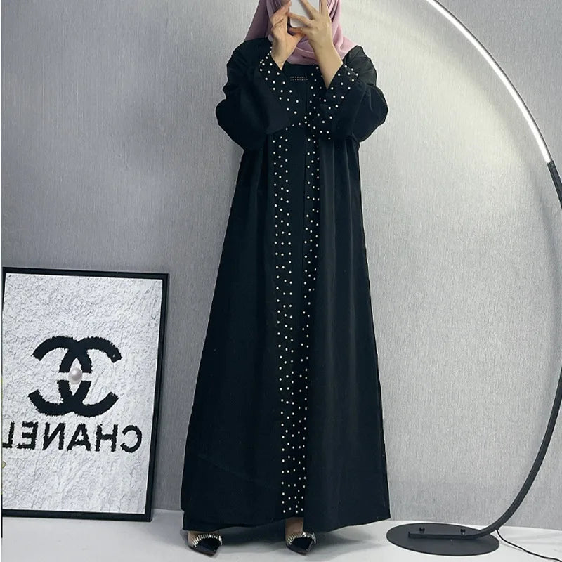 DEMU New 2024 Women's Arabic Kaftan Fashionable and Elegant Solid Color Beaded Lace-up Cardigan Robe Factory Direct Sale
