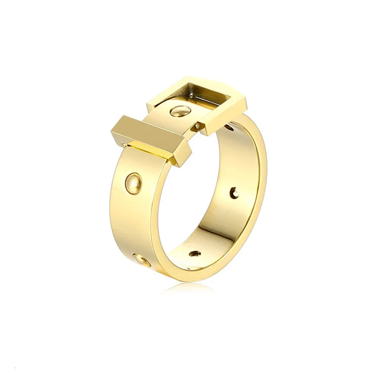 Classic Belt Design 316L Stainless Steel Chunky Ring Gold Plated Band Finger Rings