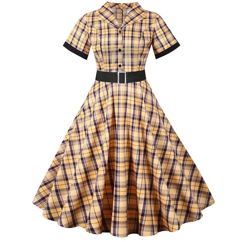 Summer Plaid Print Vintage Dress Women Casual Elegant Short Sleeve Notched Collar Slim Party Dress With Belt Plus Size Robe