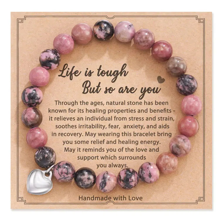 SC Hot Selling Natural Pink Zebra Stone Beads Bracelets Unique Birthday Gift Handmade Sweet Heart Charm Bracelet to My Daughter
