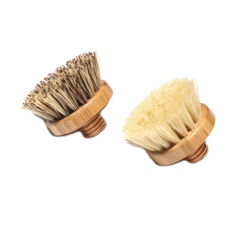Customized Logo Bamboo Palm Kitchen Cleaning Brushes Long Handle Dish Brush with Spiral Sisal Replacement Brush Head