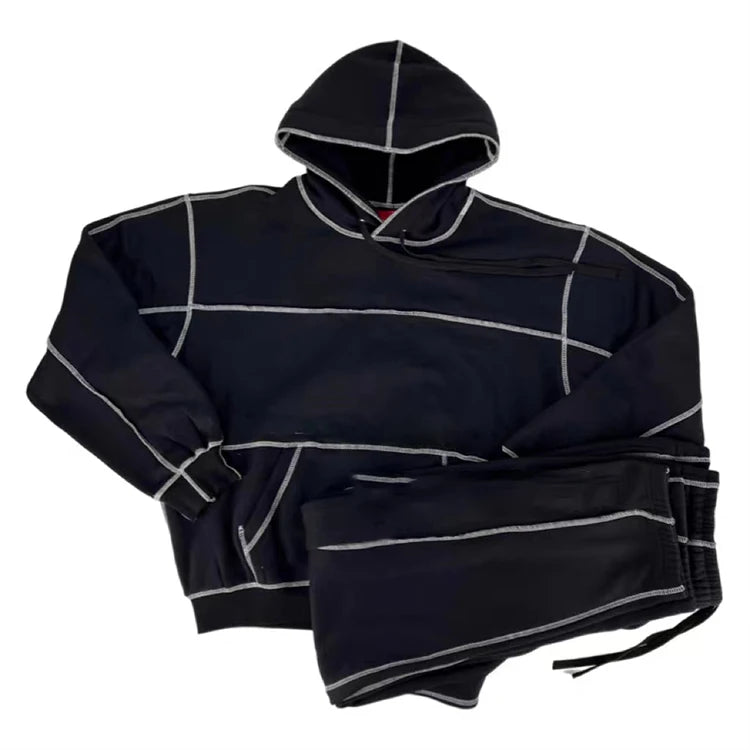 Winter Tracksuit Supplier Custom Heavyweight Oversize Cover Stitch Men's Tracksuits Fashionable High Street Two Pieces Set 100%