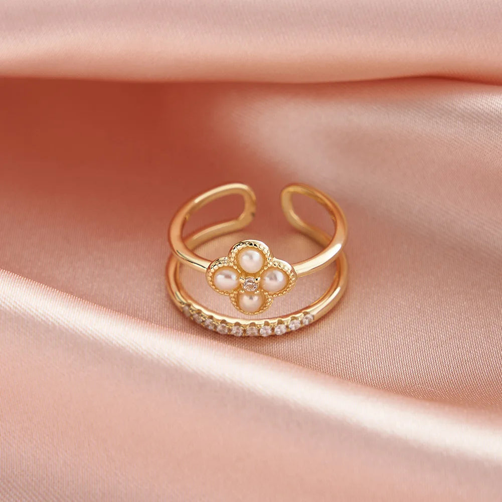 RINNTIN GPR22 Luxury Fine Jewelry 925 Sterling Silver Gold Plated 5A CZ Zircon Minimalist Four Leaf Clover Pearl Ring for Women