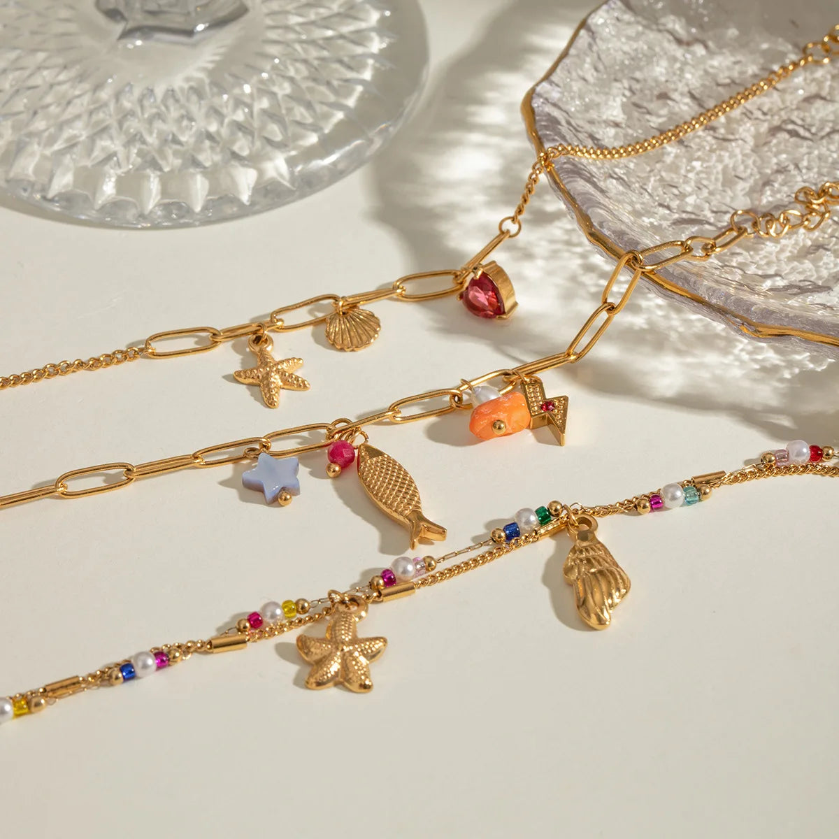 Designer Inspired Ocean Series Starfish Shell Conch Fish Gold Plated Stainless Steel Charms for Diy Bracelet