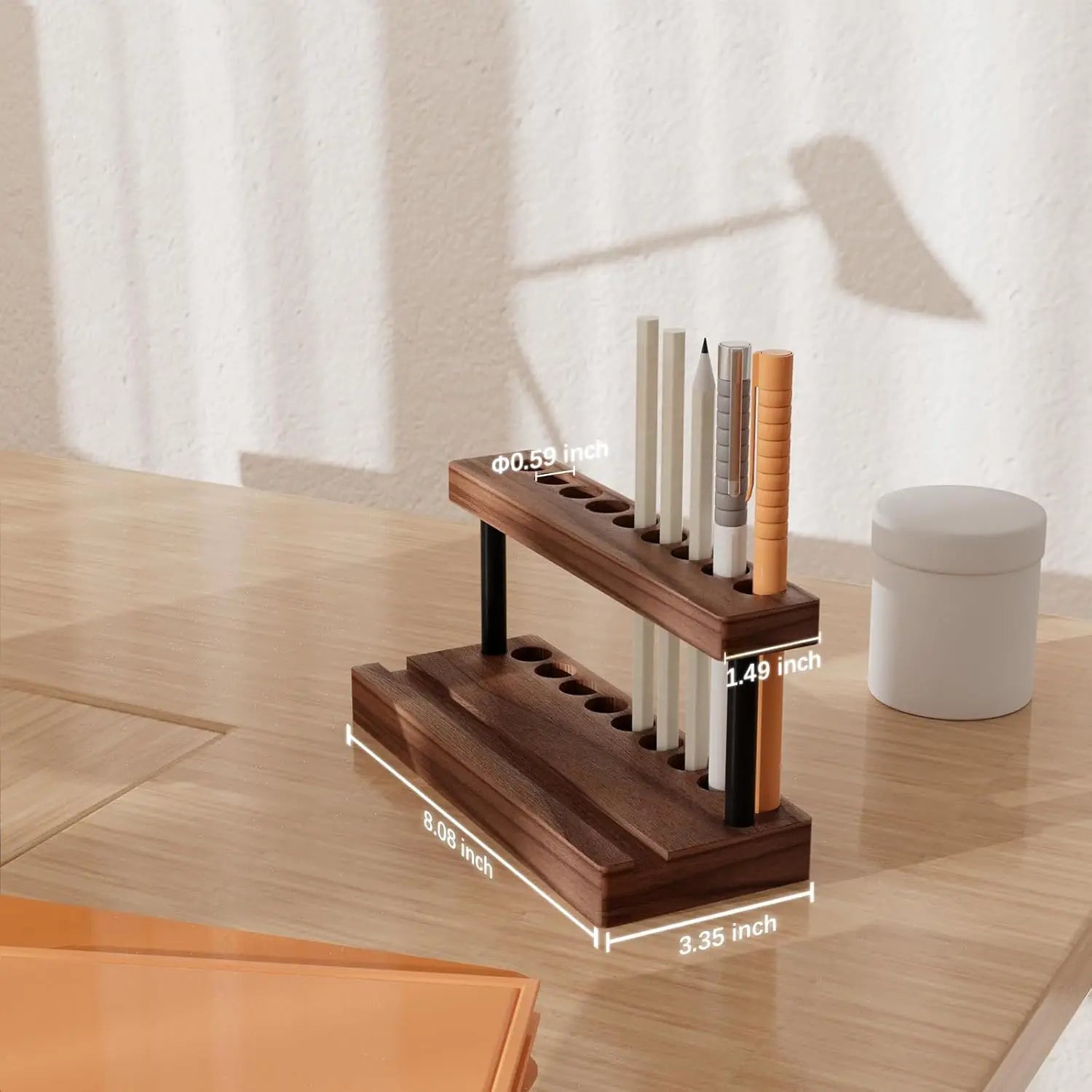 Nine-hole Wooden Pen Holder Box Study Desk Stationery Marker Storage Multi-functional Photo Display Stand Phone Holder