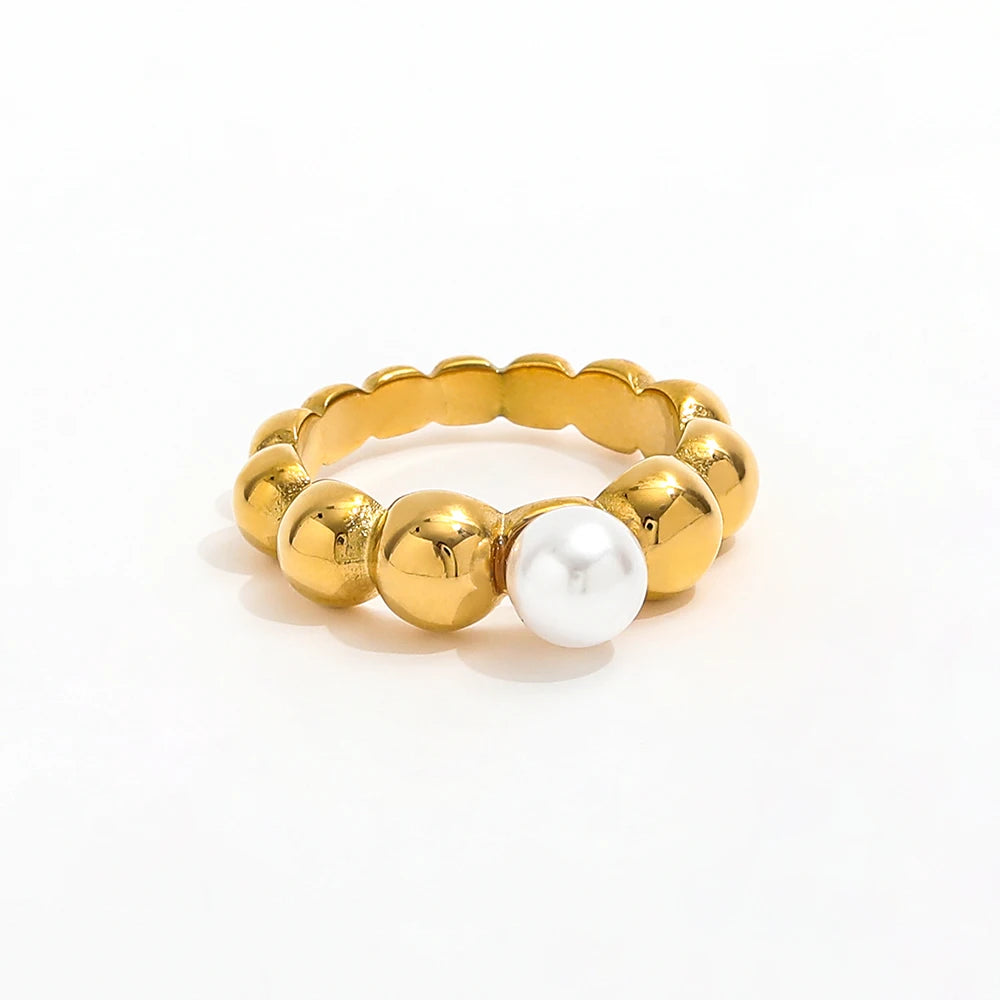 High End 18K Gold Plated One Pearl Bead Gradient Bubble Rings Stainless Steel Jewelry Trendy Finger Ring