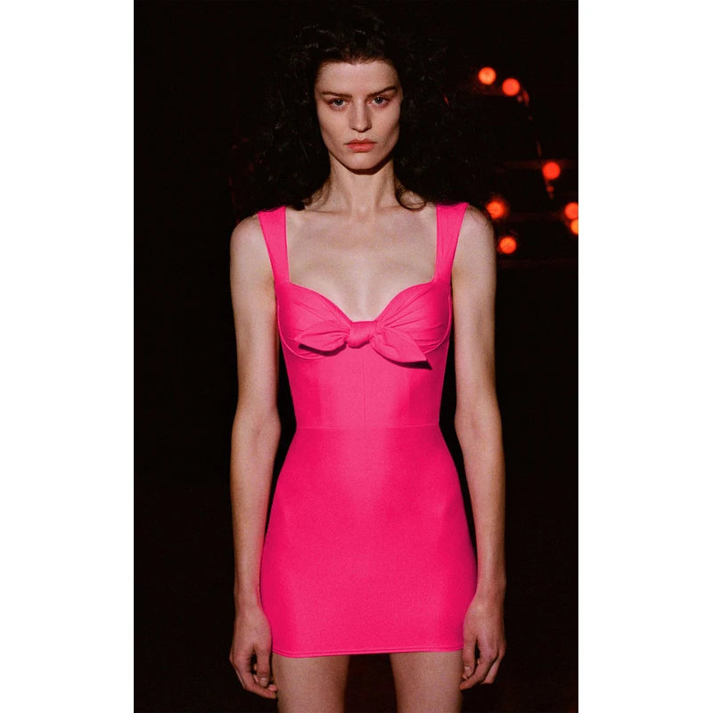 C3090 Summer Styles Spaghetti Strap Fuchsia Black Dress Bow Fitting Women Mini Party Dress