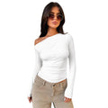Green Dimple Women T Shirt One Shoulder Off T-shirts Long Sleeve Ladies Fitting Tops Spicy Summer Tee Top