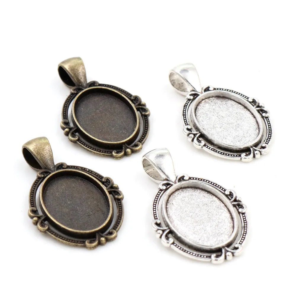 13x18mm Inner Size Antique Silver Plated Bronze Flower Classic Style Cameo Cabochon Base Setting Pendant Necklace Findings