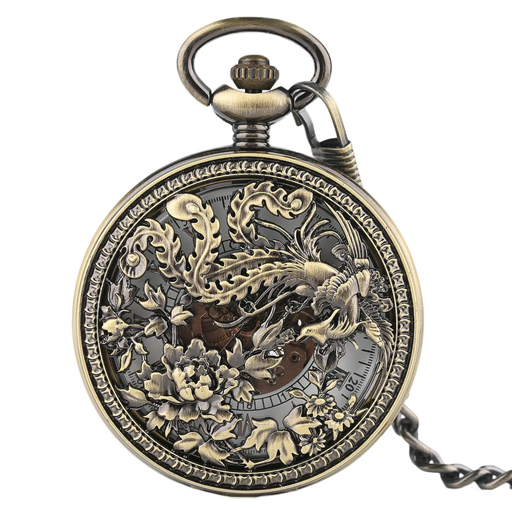 Vintage Phoenix & Flowers Skeleton Steampunk Automatic Mechanical Pocket Watch Souvenir with Chain for Men